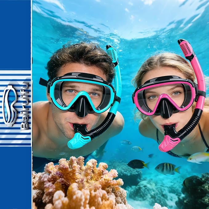 Snorkeling Gear for Adults 2-Pack | Anti-Fog & Anti-Leak Snorkeling Mask | Breath-Free Dry Snorkel | 180° Panoramic View with Quick-Dry Bags