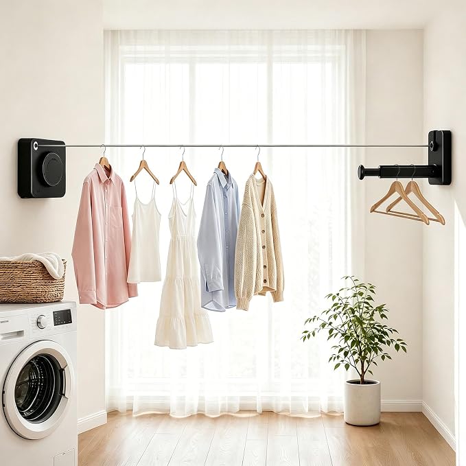 Anti-Sag Retractable Clothesline 40LB Capacity - 201in Stainless Steel Laundry Line for Indoor Outdoor, Wall Mounted Space Saving Easy Install (Black, with Pole)