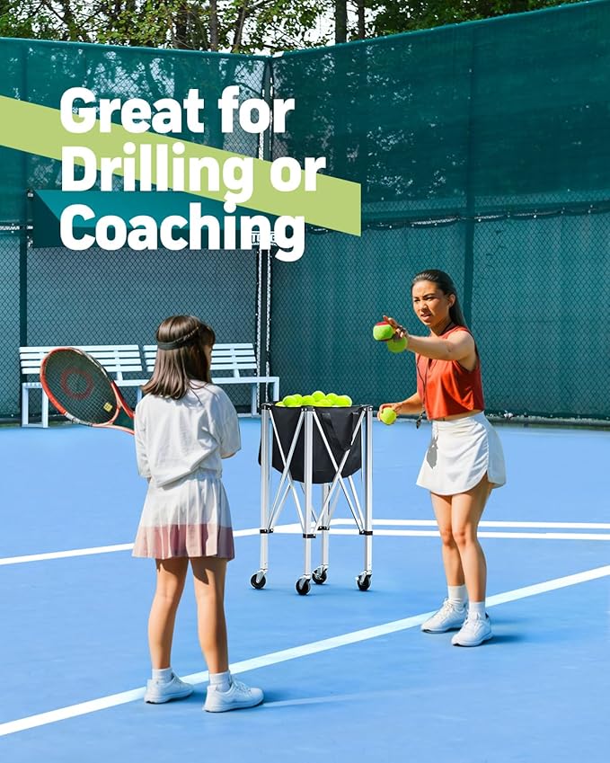 YooKoo Tennis Ball Hopper for 150 Balls, Tennis Ball Basket for Serve Training, Foldable Tennis Ball Cart with Storage Bag, Portable Pickleball Baseball Hopper Basket