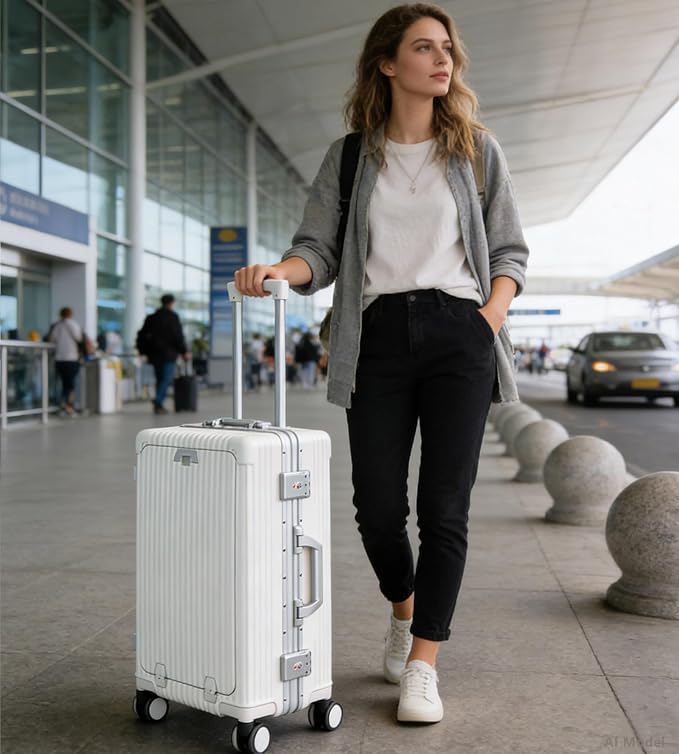 feilario Aluminium Frame PC Hard Shell Spinner Wheels Luggage,22.5"X15"X9.5" Airline Approved Built-In TSA lock Carry on Suitcase, with Cup Holder, USB Port, Phone Holder