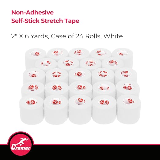 Cramer Eco-Flex Self-Stick Stretch Tape, White, 2" x 6 yds, Cohesive Athletic Bandage, Athletic Trainer Flexible Sports Underwrap, Easy Tear Vet Wrap for Pets, Self Adhesive Bandage Roll, 24 Rolls