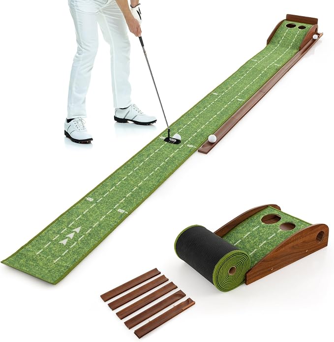 GYMAX Putting Mat, Golf Putting Green Indoor with 2/3 Hole, Golf Practice Mat with Auto Ball Return, Golf Training Aid Putter Alignment for Home Office, Golf Accessories Gift