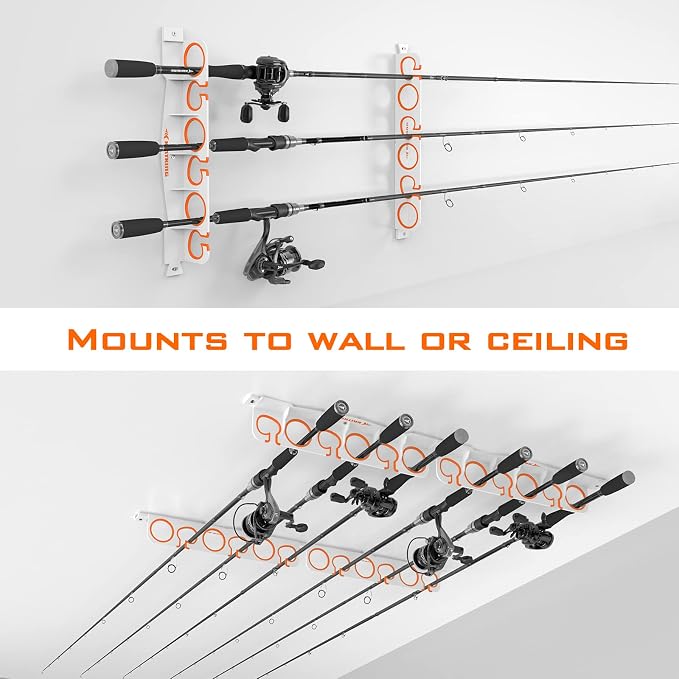 KastKing SafeGuard Fishing Rod Holder for Garage, Wall or Ceiling Mounted Fishing Rod Rack Storage Organizer, Fishing Pole Holder Holds 6 Rods or Combos in Less Than 18 Inches