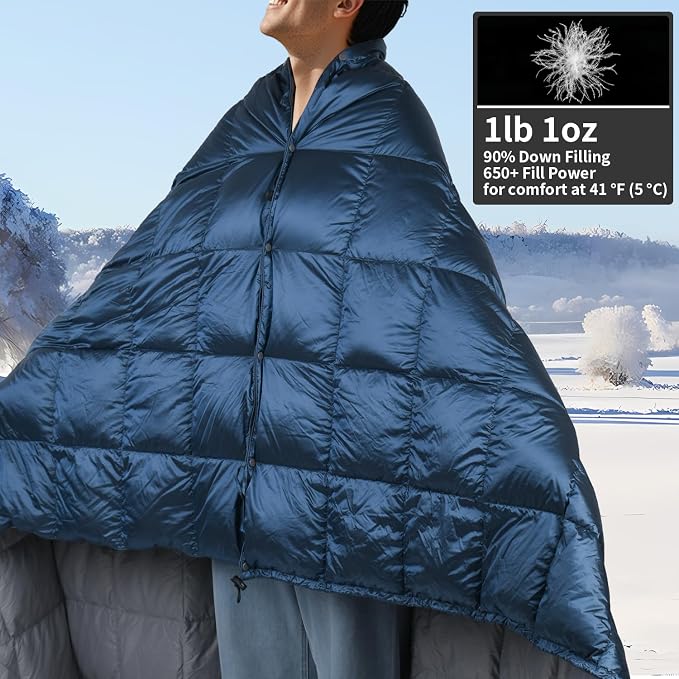 Down Camping Blanket - Lightweight, Packable, Warm & Puffy Outdoor Travel Quilt for Sleep, Hiking, Backpacking, Stadium, Festivals, Water-Resistant Sleeping Bag 55"x79"
