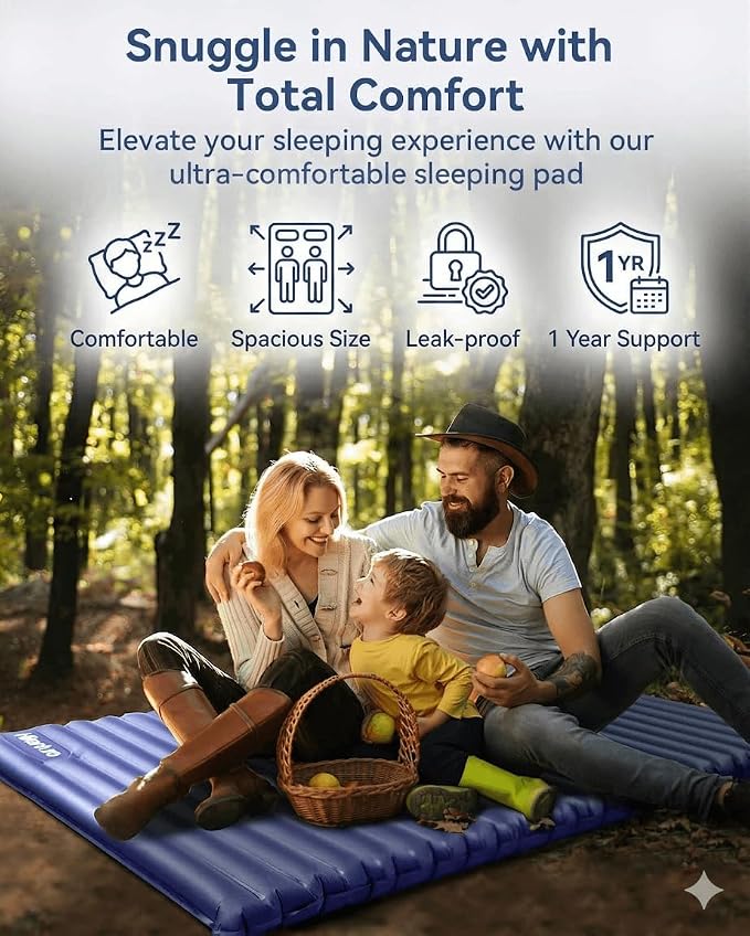 Hikenture Double Sleeping Pad for Camping, Ultralight 4" Extra-Thick Camping Mattress 2 Person, Inflatable Backpacking Sleeping Mat, Hiking Air Mattress for Tent (Navy Footpump 79x47.5in)