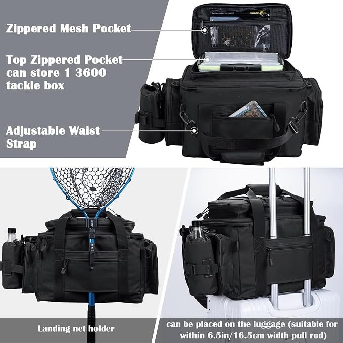 Goture Fishing Tackle Bag with 4PCS 3600 Tackle Boxes | 600D Water-Resistant, Rod Straps, Detachable Bottle Pouch,Waterproof Bottom, Freshwater & Saltwater Gear Storage Fishing Bag