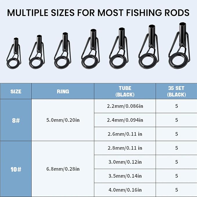 9KM DWLIFE Fishing Rod Tip Repair Kit, Black Stainless Steel, Wear Resistant Ceramic Ring, Guide Replacement 25/35/45/60/65pcs