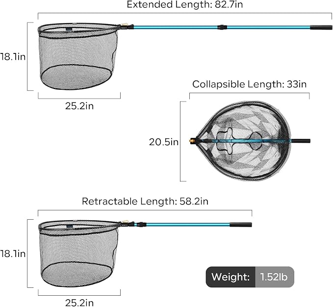 SANLIKE Collapsible Telescopic Fishing Net Rubber Coated Fresh/Salt Water