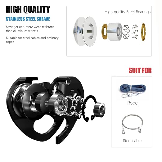 Zipline Trolley Kit with 25kN Carabiner Double Tandem Dual Pulley Speed Dual Trolley for Rock Climbing Caving Aloft Work Rescue,Black with Carabiner