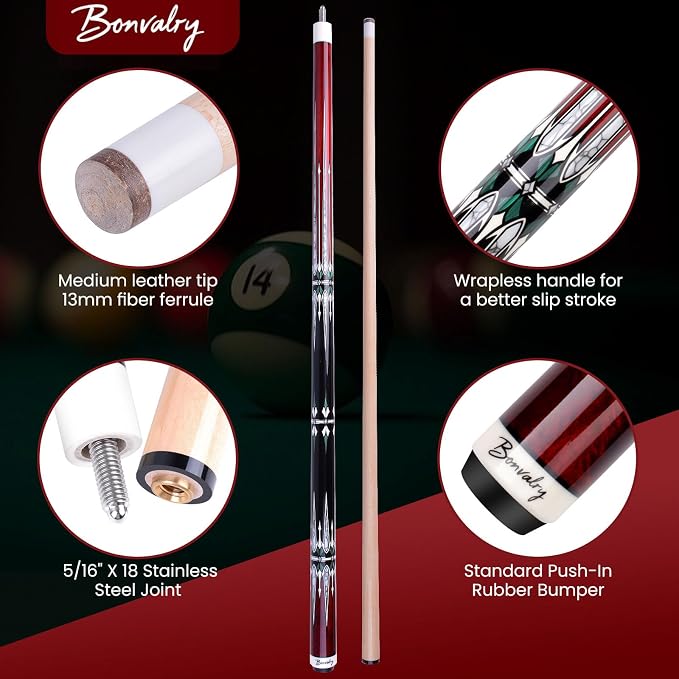 Pool Cue Kit - Stained Maple 58 Inch Pool Stick with Hard Case and Accessories for Billiards Enthusiasts