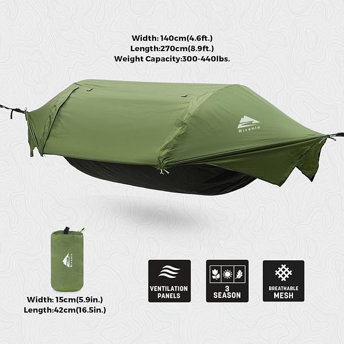 Camping Hammock Tent with Mosquito Net & RainFly, 3 in 1 Waterproof Portable Sleeping Hammock Bug Backpacker Lightweight Outdoor Gear Swing for Hiking Travel Patio Expedition(Dark Green)