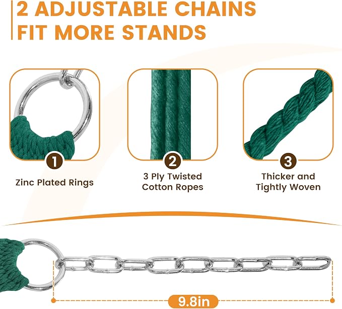Lazy Daze Hammocks 12FT Double Rope Hammocks, 2 Person Hand Woven Cotton Hammock with Spreader Bar for Outside, Patio, Poolside, FIT 13-15 FT Stand, Max 450 Lbs, Green, 141 x 57 inches