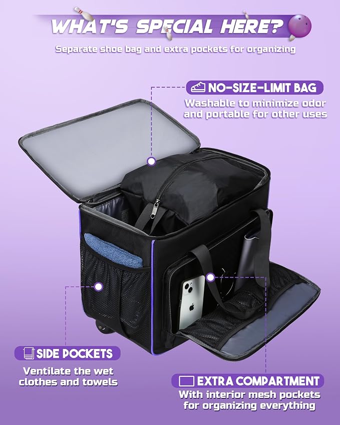 Convertible Bowling Bag with Wheels - Roller Bag for 1 or 2 Balls - EVA Foam Ball Cup - Rolling Tote for Bowling Accessories - Gifts for Youth & Adults