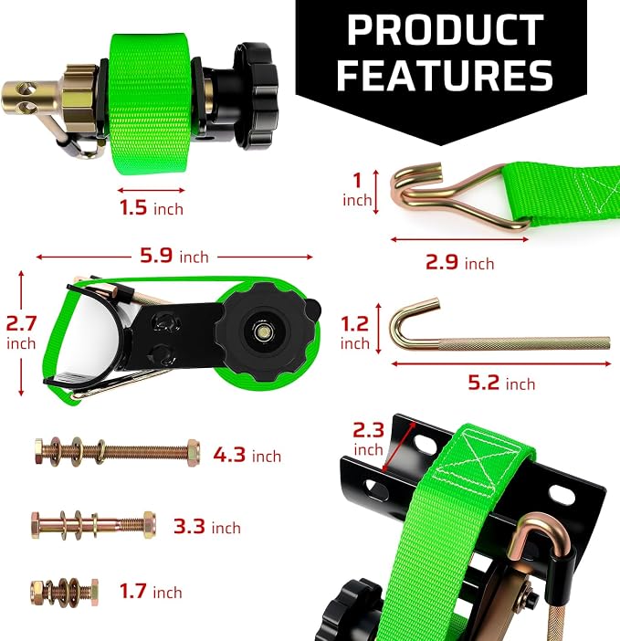 Green Rack Straps with J-Hook (4PK),1.5" x7.5' Ladder Rack Ratchet Straps, 2" Round Tube Mount, Perfect Ladder Rack Tie-Downs for Trailer Cargo Control
