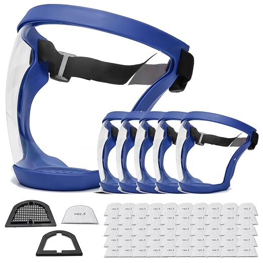 Anti-Fog Full Face Active shields Protection Visible Expression Transparent Breathable Comfortable Adults Reusable (Blue, 5PCS)
