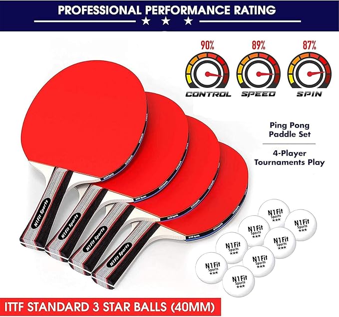 N1fit Ping Pong Paddles - Set of 4 High-Performance 5-Ply Rackets, 8 Professional 3-Star Table Tennis Balls, Portable Storage Case for Indoor-Outdoor Games
