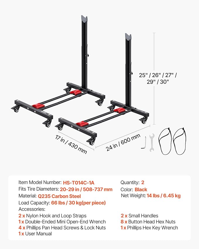 VEVOR Bike Stand 2 Pack, Freestanding Vertical & Horizontal Bike Storage Rack, with Lockable Casters, Height Adjustable Carbon Steel Upright Garage Bicycle Floor Stand, for 20-29 in Wheels, Black