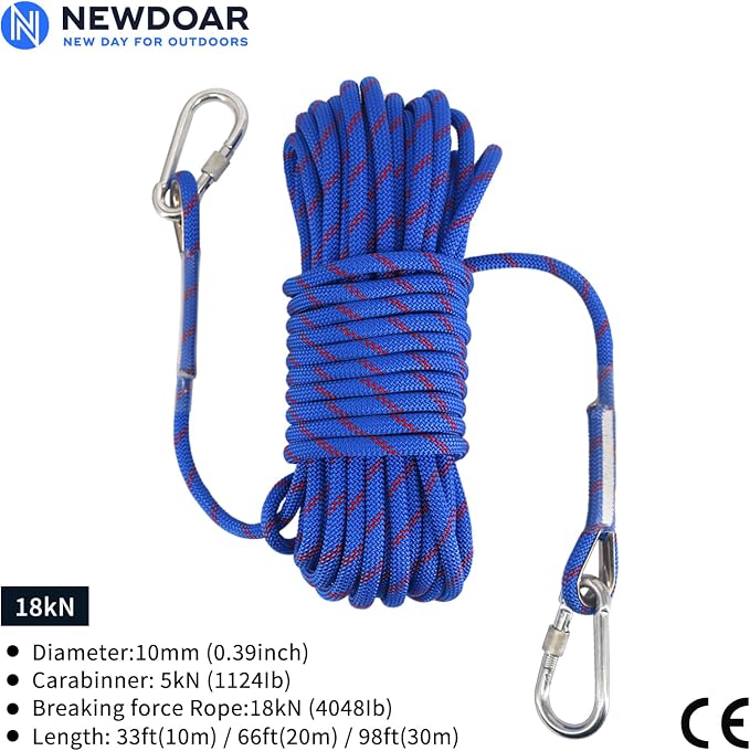 NewDoar Climbing Rope 8(5/16in),10mm (3/8in), High Strength Accessory Cord Rope with 2 Steel Hooks, for Outdoor Rescue Rappelling Rope Down Cliffs ledges Safety Escape Tow Strap Equipment(Blue)