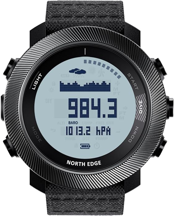 NORTH EDGE Apache-D Freediving Watch for Men, 100M Water Resistant Digital Outdoor Watch with 50M Dive Mode, Compass, Altimeter, Barometer, Thermometer, Pedometer, Rechargeable Hiking Watch