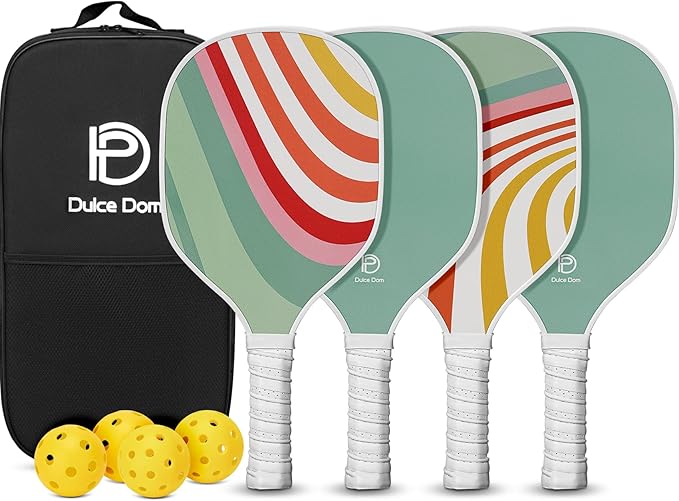 Dulce DOM Pickleball Paddles Set of 2/4 - USAPA Approved, 4 Indoor Outdoor Pickleball Balls, Fiberglass Surface Paddle Racket with Cover Bag, Ideal Training Equipment Gift for Men & Women