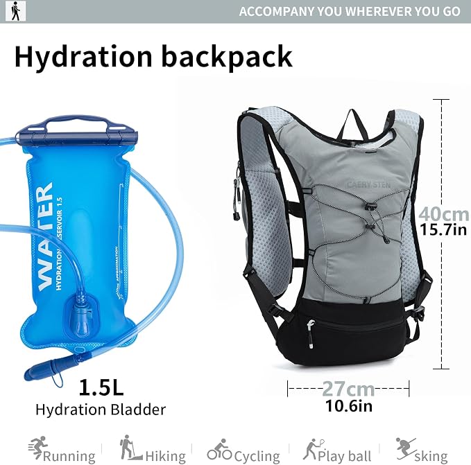 Lightweight Hydration Backpack, 1.5L Water Bag Running Vest | Marathon, Hiking, Cycling, Breathable Adjustable Design, Men & Women