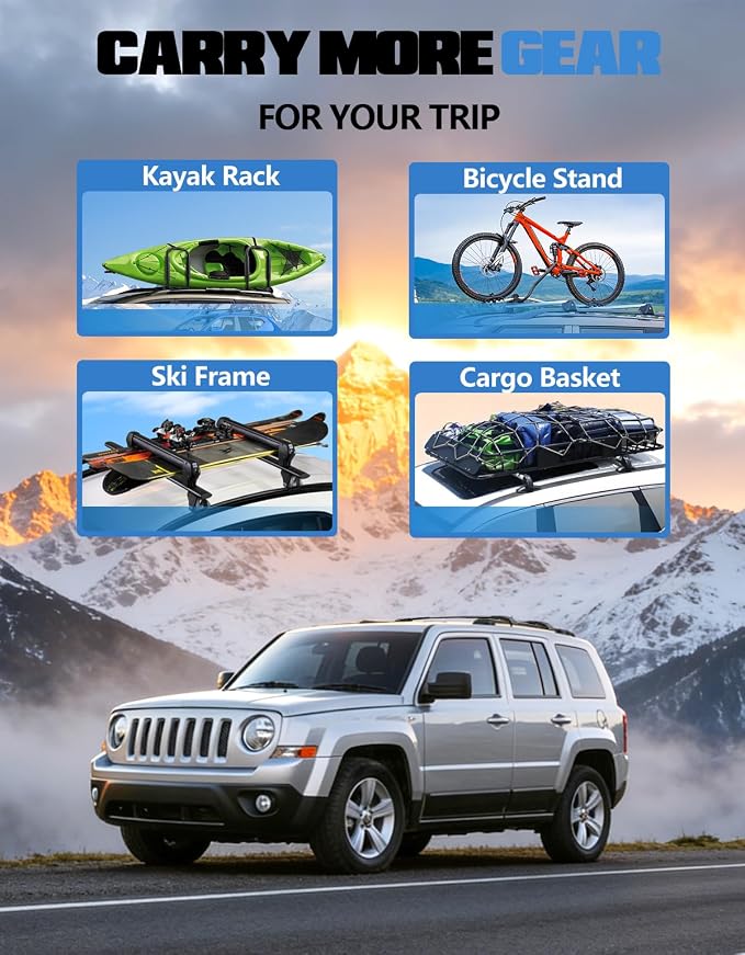FengYu Roof Rack Cross Bars 150lb Compatible with Jeep Patriot 2007-2017 with Raised Side Rail, Aluminum Roof Rails Crossbars Cargo Bars Rooftop Canoe Bike Kayak Car Snowboard Luggage Racks Carrier.