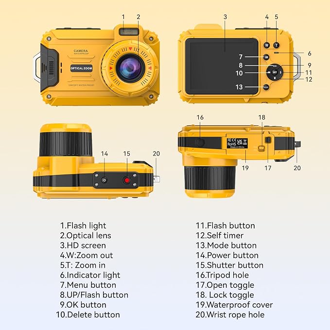 Underwater Camera, 2.7K 56MP 33FT Waterproof Digital Camera with 6X Optical Zoom & 4X Digital Zoom 2.8" IPS Screen, Ideal for Snorkeling, Swimming and Outdoor Adventures with 32G Card