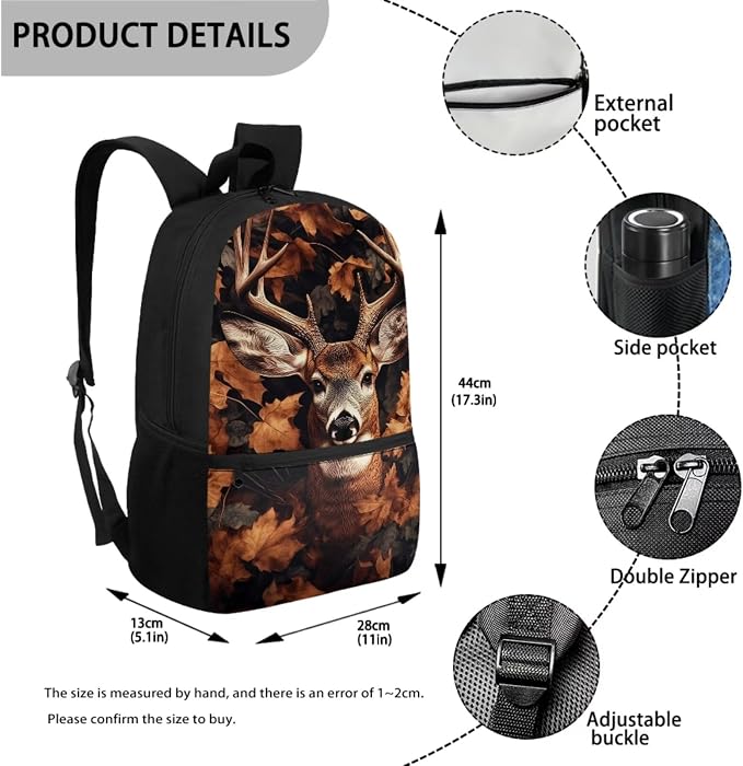 Deer Backpack Kids School Bag for Boys Girls Backpack with Lunch Box and Water Bottle Holder 4 Piece Camo Hunting Deer School Daypack for Travel Hiking Picnic Back to School Accessories
