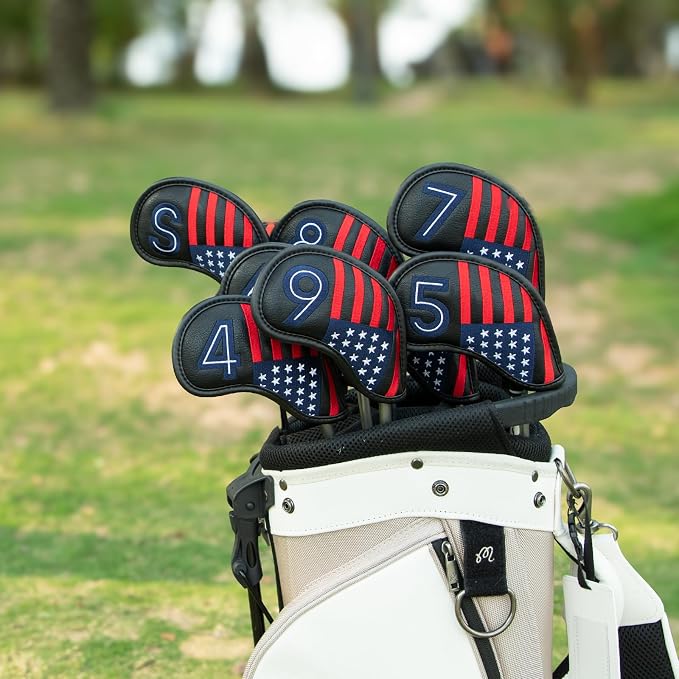 Magnetic Golf Iron Covers Premium Leather Iron and Wedge Golf Club Head Covers - Set of 10 Fits Most Clubs USA American Flag Head Cover Set Headcovers for Irons