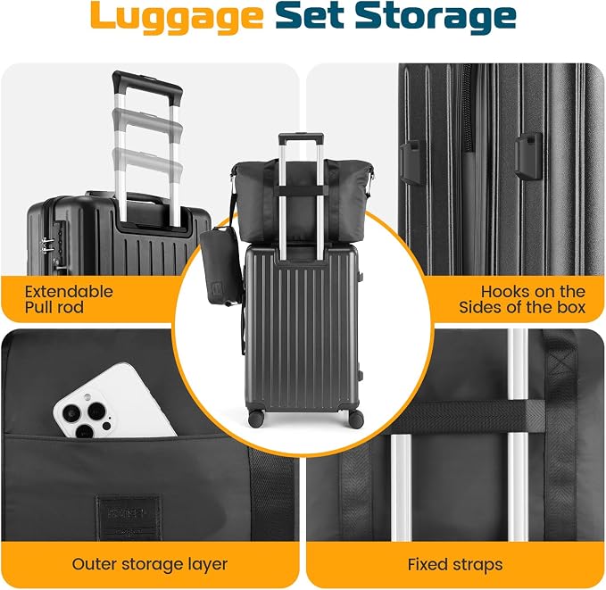 Hoteel Luggage Sets 5 Piece (4-YEARS WARRANTY), ABS+PC Suitcases with Wheels and Side Hook, Hardshell 20/24/28 inch Luggage with Duffel Bag Travel Bag, Black