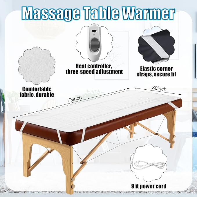 HunnmingRe 5 PCS 73 x 30 Massage Table Warmer with 3 Heat Settings(110v), Microfiber Massage Table Sheets Set Round Bolster Pillow Pad for Spa Bed, Includes Flat Sheet, Fitted Sheet, Face Rest Cover