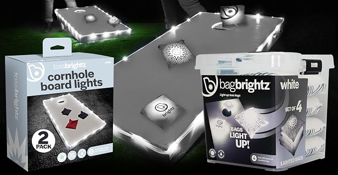 Brightz Cornhole Board Edge Lights with LED Bags - Includes 4-Pack of LED Cornhole Bags + TossBrightz Cornhole Board Edge Lights - The Ultimate Night Time Cornhole Master Set
