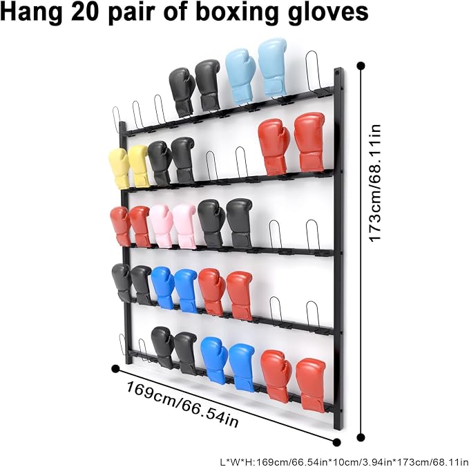 Boxing Glove Storage Showshelves Rack Wall Mount Dryer Holds 20 Pairs, Boxing Glove Storage Garage, Hang Up Boxing Gloves to Dry Out