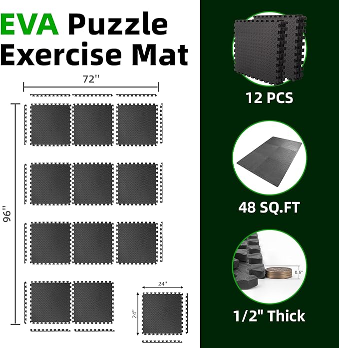 Art3d 12 Pack 24" x 24" EVA Interlocking Exercise Mats, 1/2" Thick Foam Puzzle Flooring for Workout, Gym Equipments, Training Areas, 48 Sq.FT, Black