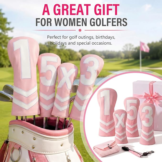 Liliful 6 Pcs Pink Golf Club Covers Set for Women, Pink V-Stripe Driver Fairway Wood Hybrid Headcovers, with Golf Towel Brush, Soft PU Leather, High Elastic Fit for Woman Ladies Gifts