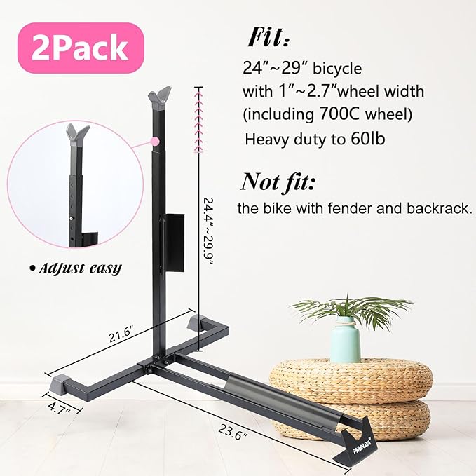 PHUNAYA Bike Stand,Vertical Bike Rack For Indoor Bike Storage,Upright Bicycle Stand Floor.Heavy Duty Bike Holder With PVC Coating.Suit 24"-29" MTB,Hybrid and Road Bike,Patent Application. (2 Pack)