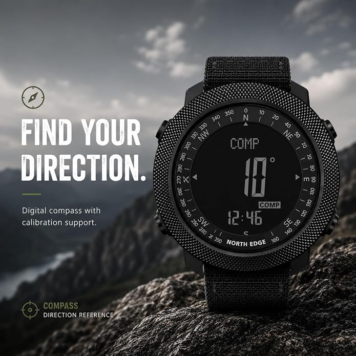 NORTH EDGE Apache Men’s Digital Tactical Watch, Outdoor Sports Watch with Compass, Altimeter, Barometer, Pedometer, Weather Trend, EL Backlight, 50M Water Resistant Hiking Watch