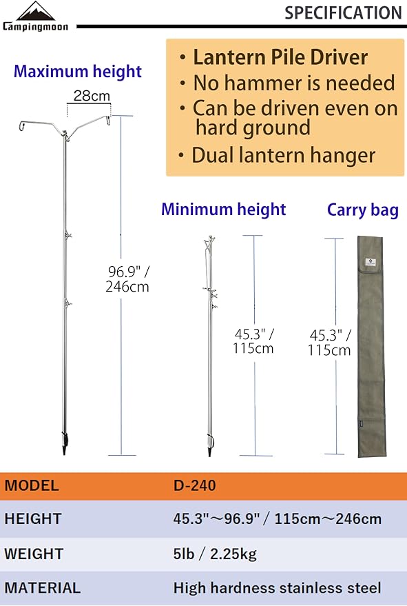 camping moon Heavy Duty Stainless Steel Lantern Pile Driver Height Adjustable with Tripod Stand and Storage Bag D-240, D-243
