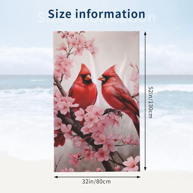 Cute Bird Beach Towel,32x52in,Quick-Dry Sand-Free Bath Towels,Microfiber Lightweight for Travel Pool Yoga Beach Outdoor Activities Decor Accessories Gifts (Red Cardinal Flower)