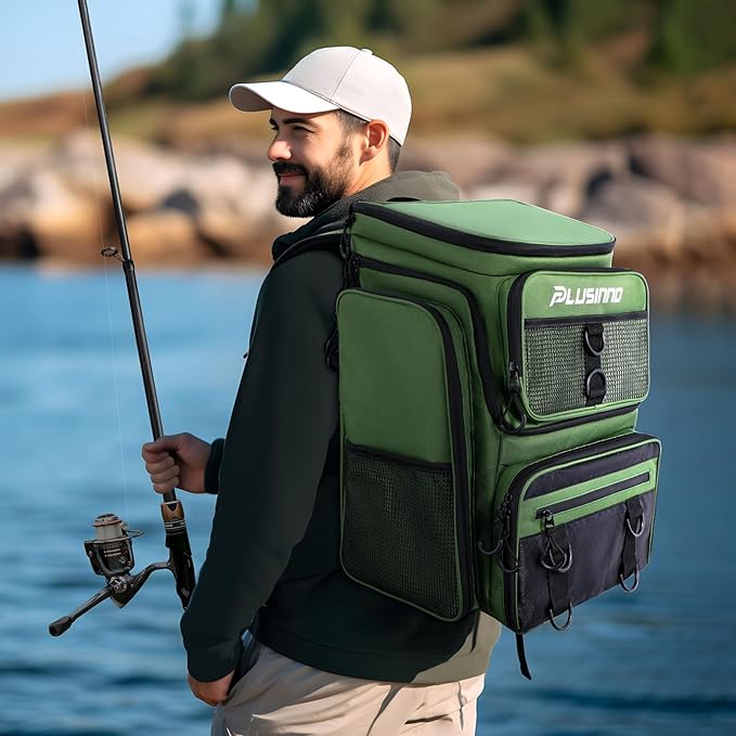 PLUSINNO Fishing Backpack with Rod Holders 4 Tackle Boxes, 42L Large Water-Resistant Fish Tackle Bag Store Fishing Gear, Camping, Hiking Gifts for Men Father, Green