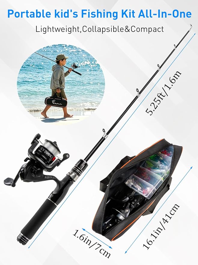 Fishing Pole Kit, Carbon Fiber Telescopic Fishing Rod and Reel Combo with Spinning Reel, Line, Bionic Bait, Hooks and Carrier Bag, Fishing Gear Set for Beginner Adults