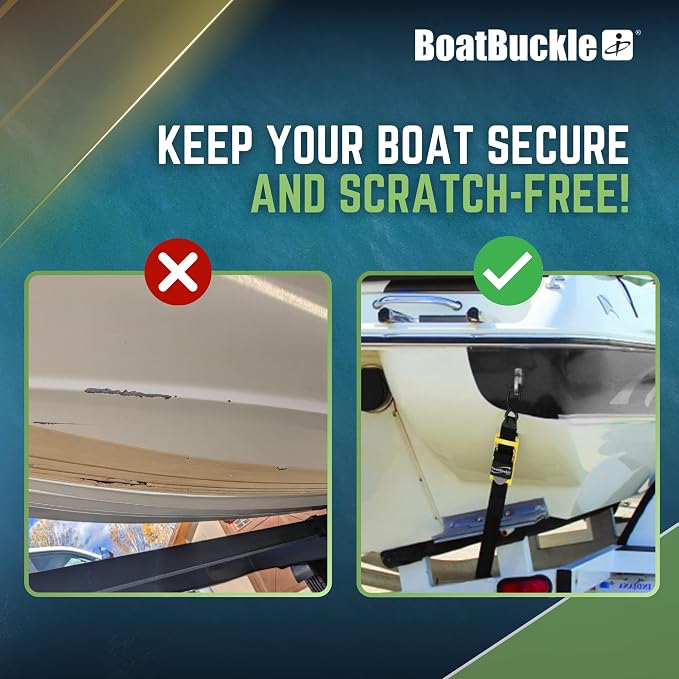 BoatBuckle Pro Series Kwik-Lok Boat Tie Down Straps to Trailer with Boat Pads, 2-Pack Easy to Use Adjustable Transom Tie Down Straps, 2-Inch x 4-Feet, 1,200 Lbs Break Strength