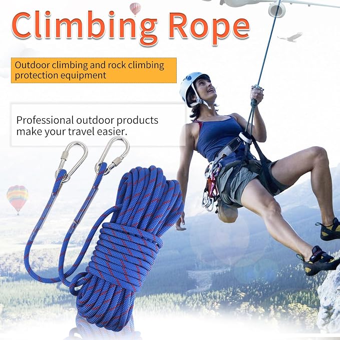 NewDoar Climbing Rope 8(5/16in),10mm (3/8in), High Strength Accessory Cord Rope with 2 Steel Hooks, for Outdoor Rescue Rappelling Rope Down Cliffs ledges Safety Escape Tow Strap Equipment(Blue)