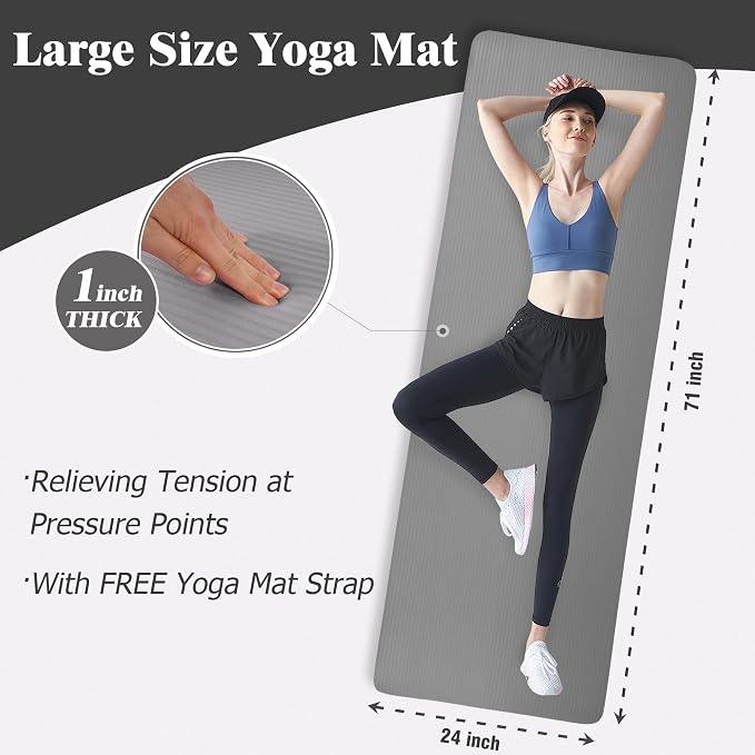 BalanceFrom Yoga Mat, 1-Inch Extra Thick High Density Exercise Mat, Anti-Tear Exercise Yoga Mat with Carrying Strap, Suitable for Various Yoga Exercises, Multiple Colors