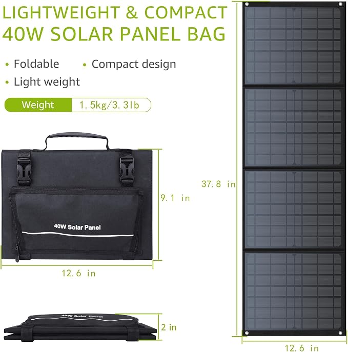 Portable Solar Panel 40W, Foldable Solar Charger for Outdoor Solar Power Station Generator, Adjustable Kickstand,10 in 1 Connectors,DC to DC Cable,USB QC3.0 Output for Camping RV Road Trip Adventure