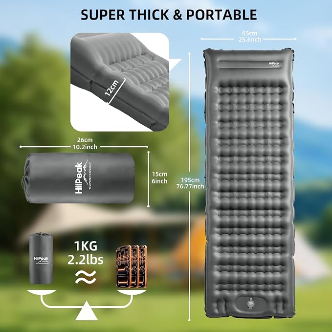 HiiPeak Ultralight Camping Sleeping Pad, 12cm Thickened Sleeping Mat with Pillow and Built-in Foot Pump,Inflatable Camping Air Mattress for Camping, Backpacking, Hiking, Tent Trap Traveling