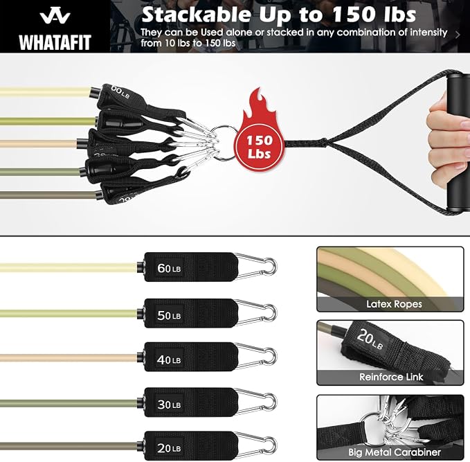 WHATAFIT Resistance Bands, Exercise Bands, Workout Bands with Handles, Door Anchor and Ankle Straps, 5 Resistance Levels Fitness Bands for Strength Training, Physical Therapy, and Home Gym Equipment