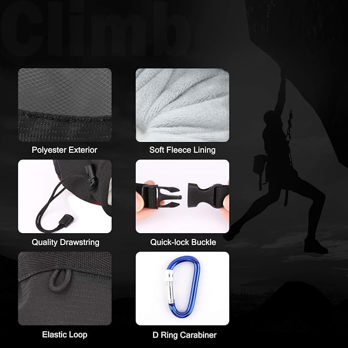 Rhino Valley Climbing Chalk Bag, No Leak Drawstring Chalk Bag with Adjustable Belt, Carabiner Clip and Zippered Pockets Chalk Bag for Rock Climbing, Cross Fit, Weight Lifting & More