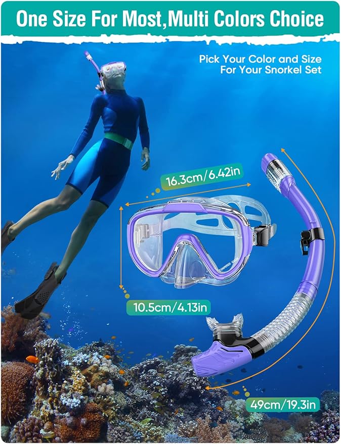 Seovediary Snorkel Set Adults Snorkeling Gear Anti-Fog Panoramic View Swim Mask Dry Top Snorkel Kit with Carry Bag for Snorkeling Scuba Diving Swimming Travel