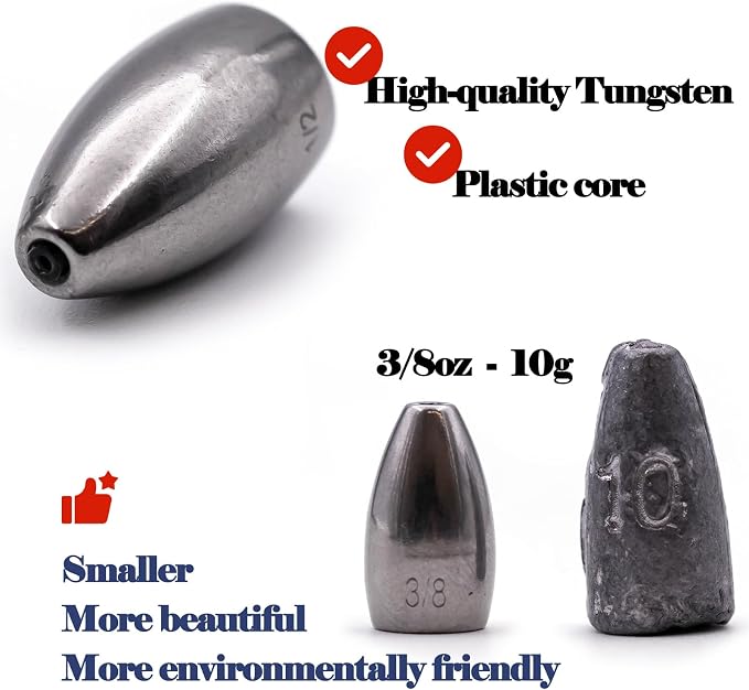 FishTrip Tungsten Bullet Weights Sinkers,10pcs Fishing Weight for Bass Texas Carolina Rigs Saltwater 1/16oz to 1/2oz